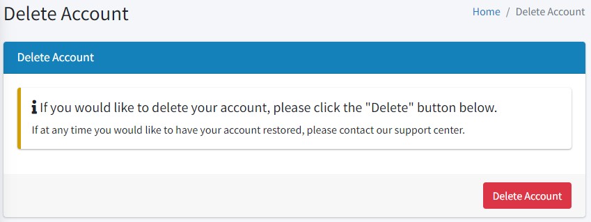 Delete account panel