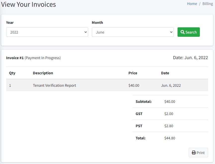 view your invoice panel