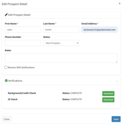 Dialog box from the Streamline Landlord Service portal showing a prospect screening page. Background and credit check as well as ID check have been completed. 
