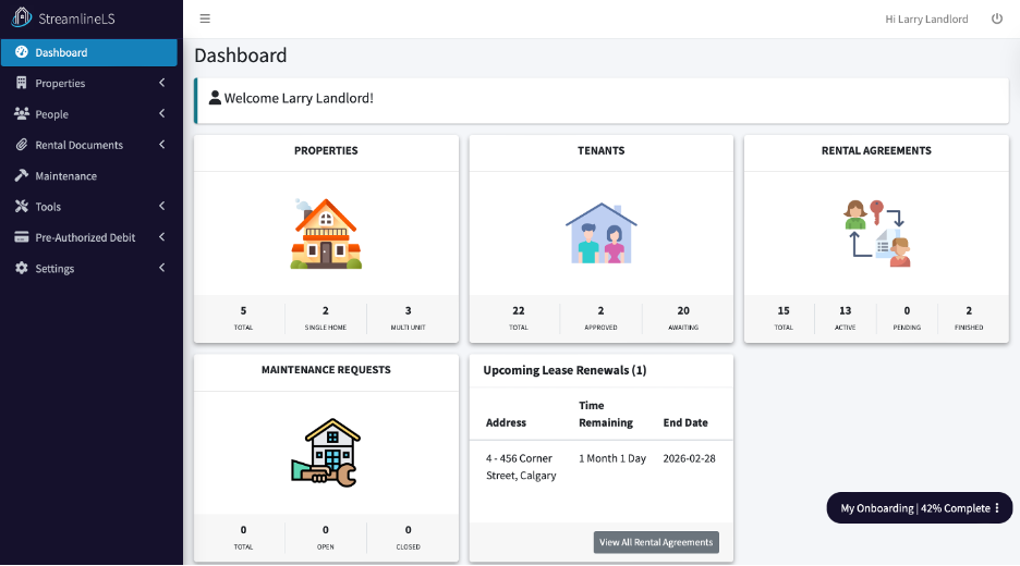 Picture showing Streamline Landlord Service dashboard that offers Canadian Landlords mobile accessibility of their property, tenant and rental agreement details, remote and automated PAD rent collection, Tenant and Owner portals, and customizable reporting.