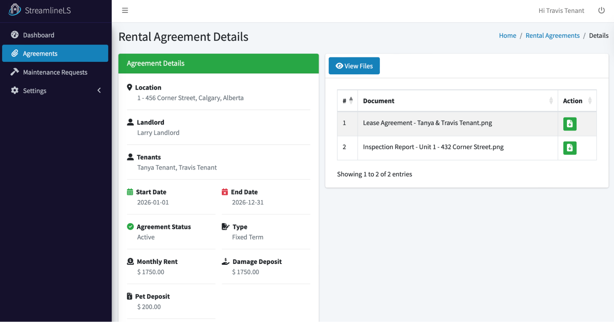 Picture showing a sample Calgary tenant's Streamline Landlord Service portal - where the tenant can view their rental agreement details including rent amount that will be charged by Pre-Authorize Debit (PAD) and their property documents like lease agreement, and inspection report. 