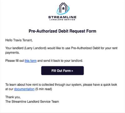 Picture showing a tenant PAD information request form. A tenant would receive this by email and complete the information in their secure portal to set up their monthly recurring rent payments. 
