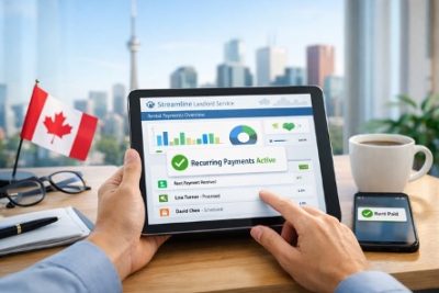 A Canadian landlord in Toronto setting up recurring rent payments via Pre-Authorized Debit with Streamline Landlord Service on an iPad.  
