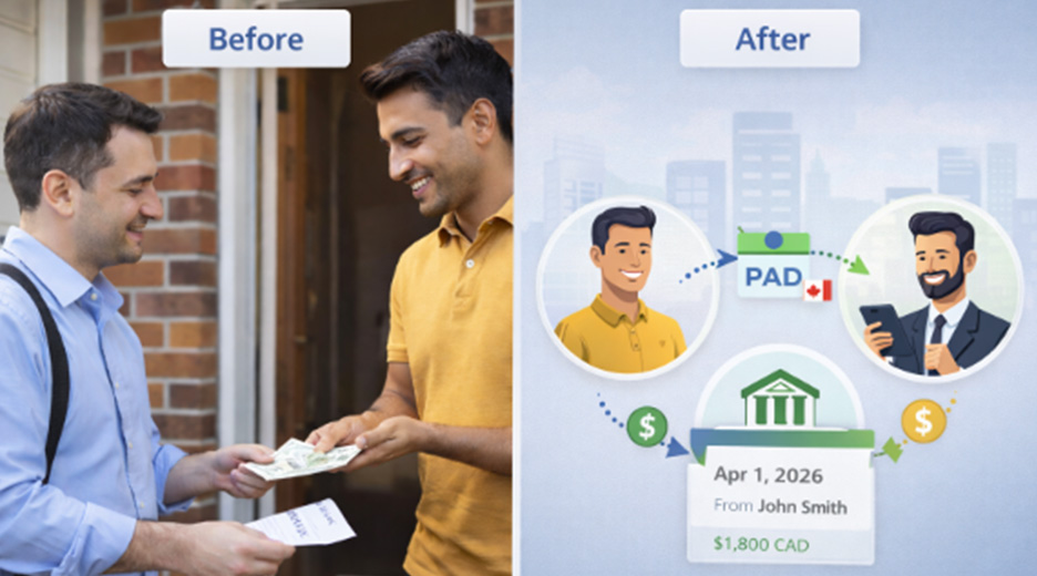 Picture showing a before and after scenario. Before: a landlord must pick up a rent payment (cheque or cash) in person. After: the Canadian landlord receives a PAD payment from the tenant remotely. 